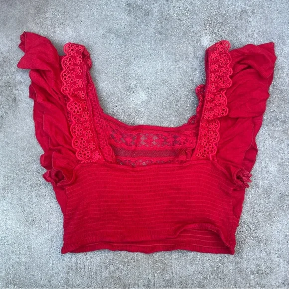 Free People Red Lace Ruffle Crop Top - Picture 2 of 3